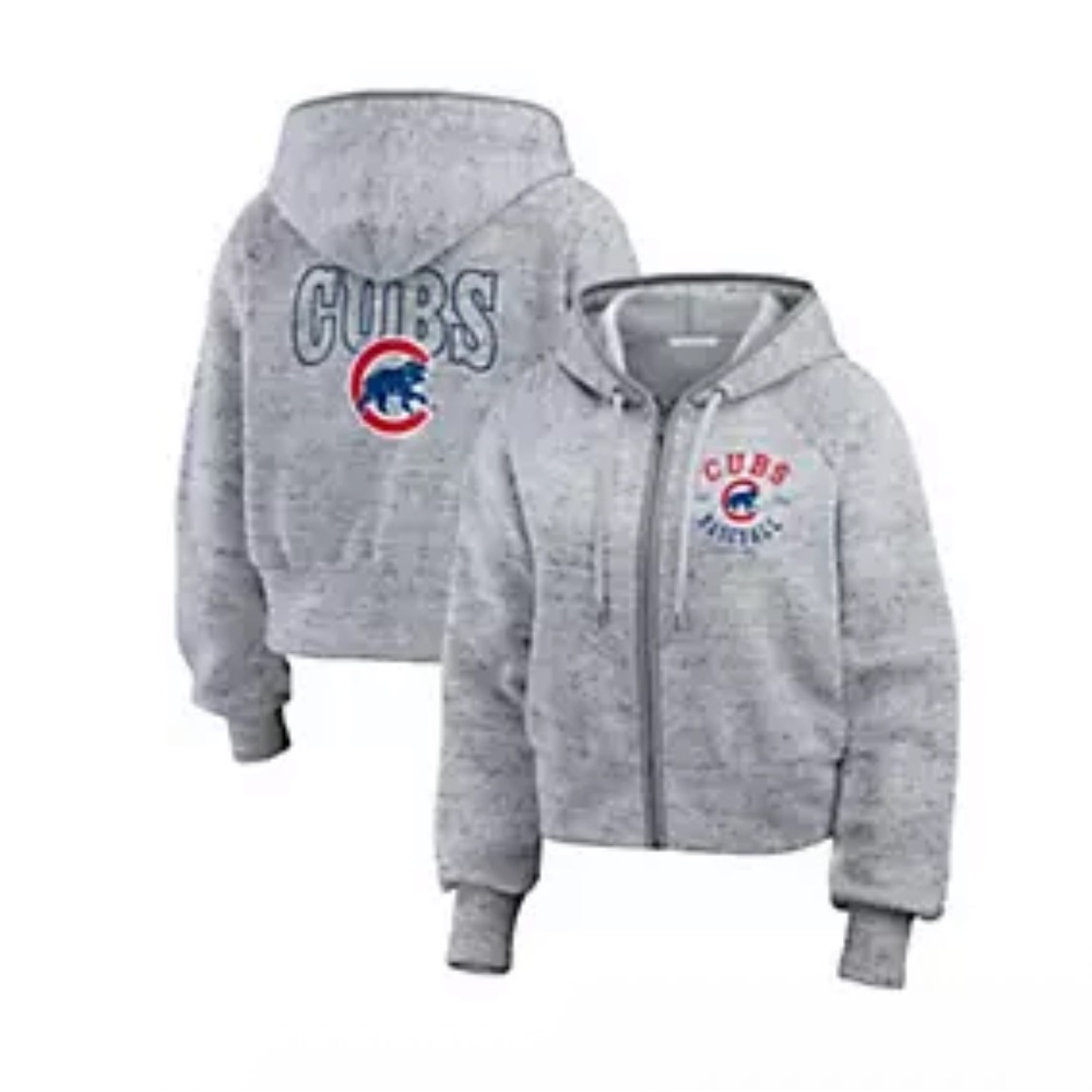 NWT MLB Chicago Cubs Grey Speckled Fleece Cropped Full-Zipped Hoodie